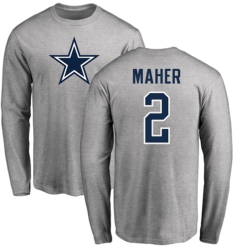 Men Dallas Cowboys Ash Brett Maher Name and Number Logo 2 Long Sleeve Nike NFL T Shirt